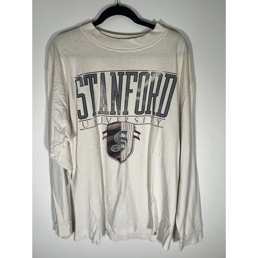 Vintage 90s GEAR Stanford University oversized cream logo LS tshirt thrashed L
